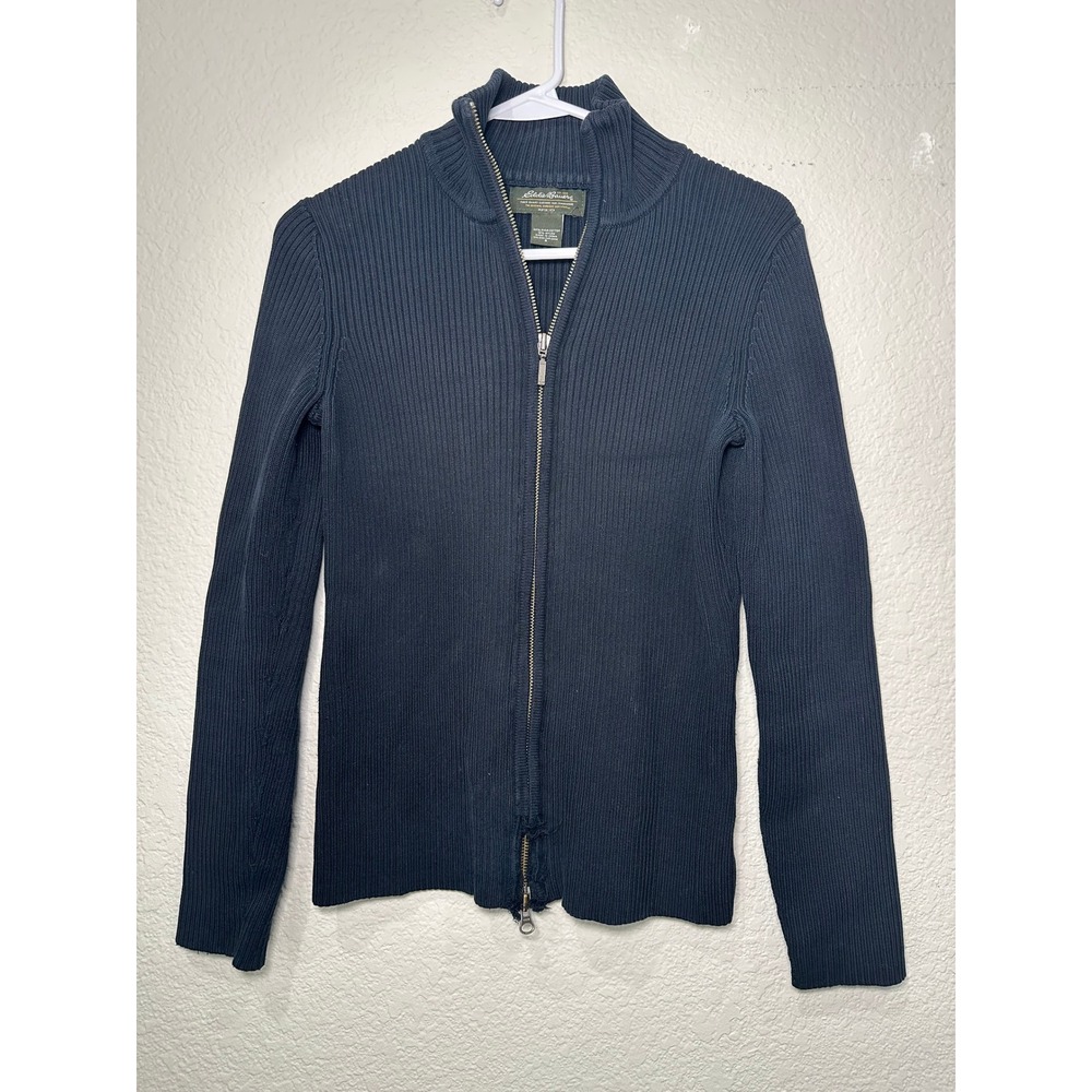 Eddie Bauer Navy Blue Pima Cotton Ribbed Full Zip Mock‎ Neck Sweater Womens S
